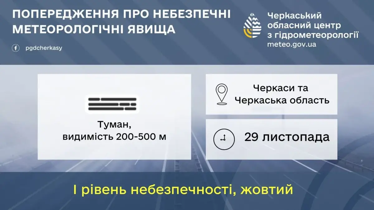 На Черкащині 29 листопада оголошено "жовтий" рівень небезпеки через туман