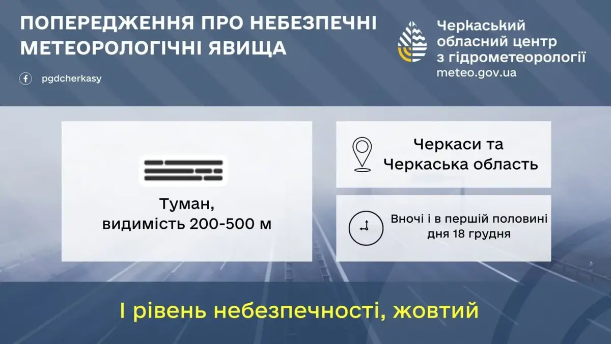 На Черкащині очікують туман: видимість може впасти до 200 метрів