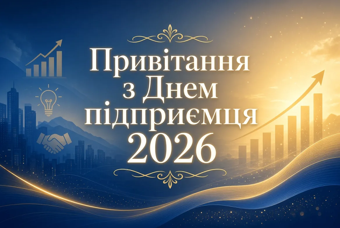 Згенеруй альбомне зображення з надписом у центрі " Привітання з Днем підприємця 2026"